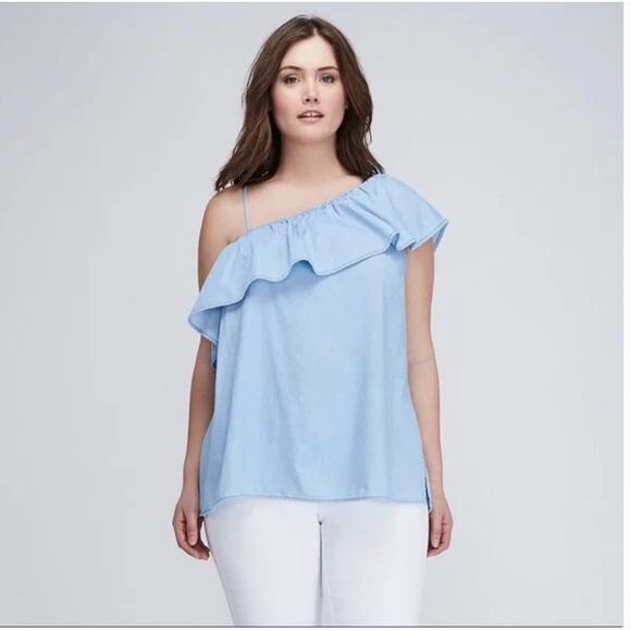 Lane Bryant One Shoulder Ruffle Chambray Top size 26/28 - Picture 1 of 8